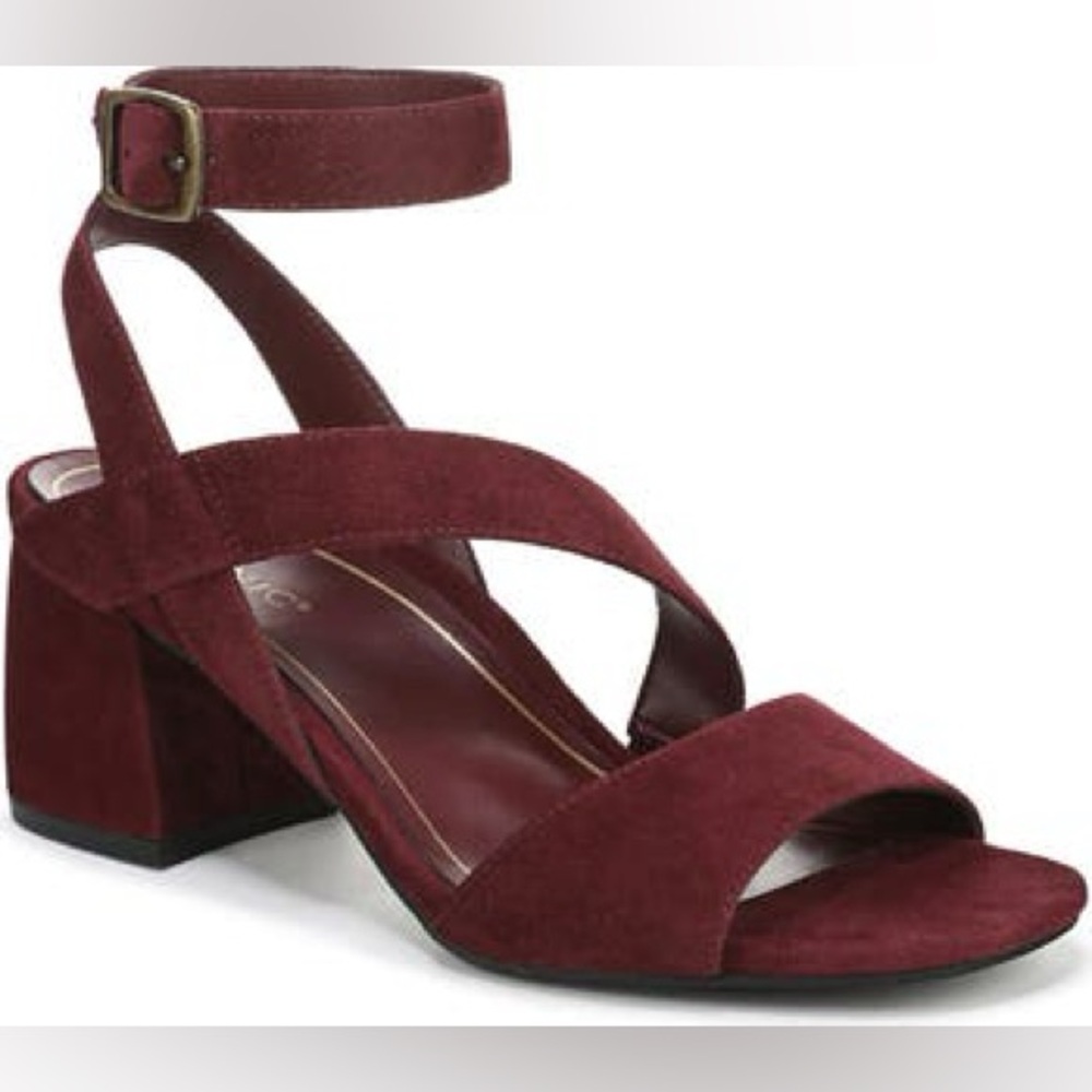 Vionic Burgundy Suede Block Heel Ankle-Strap Sandal
